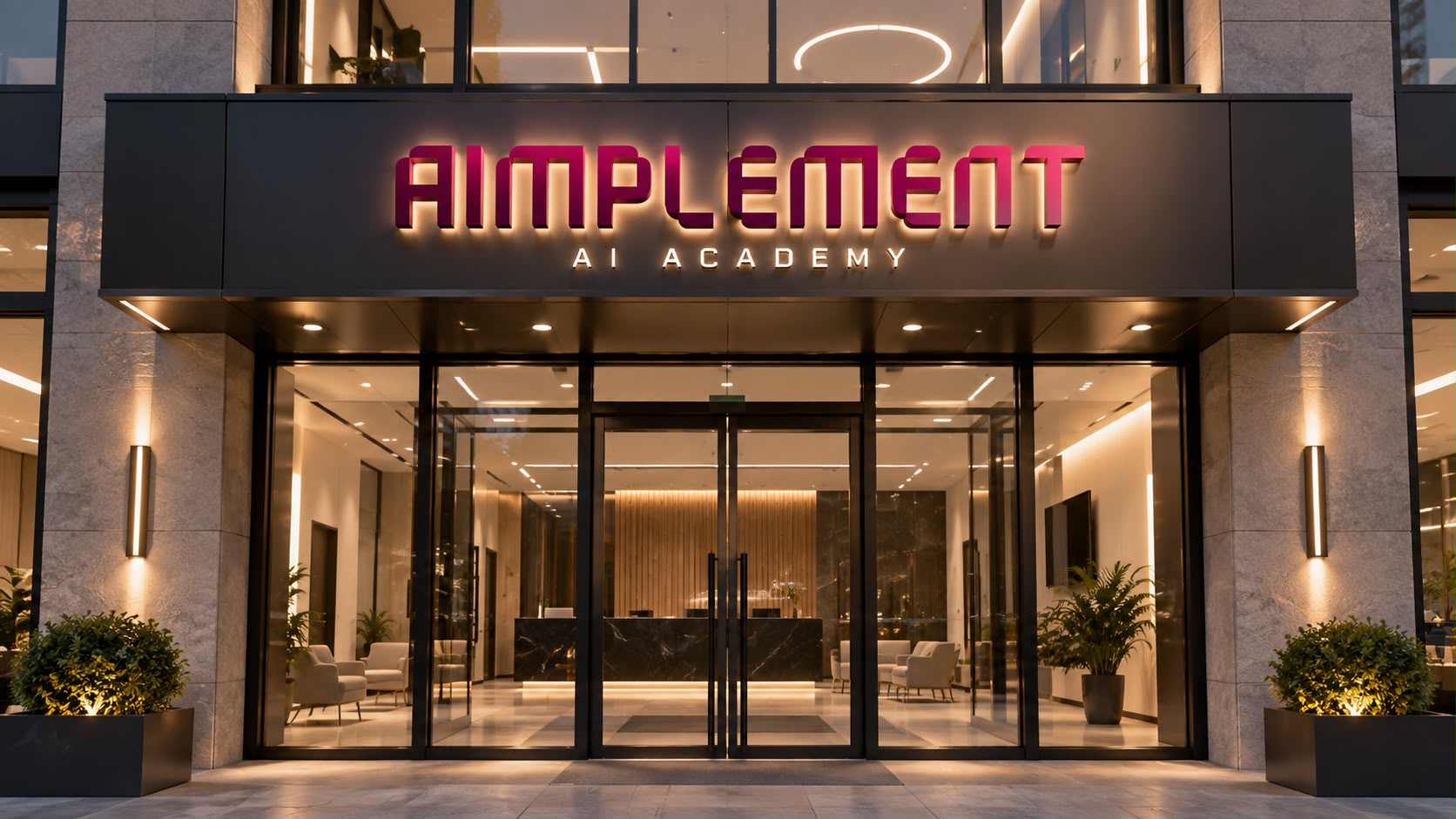 The Aimplement AI Academy sign, lit at dusk
